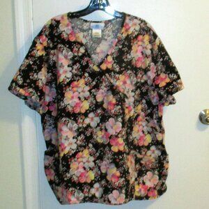 SB Fashion Scrubs 3X/3XG Cross Over Bodice Black Pink Grey Floral V Neck